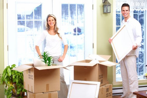 Packed boxes and furniture prepared for transport in Greenwich